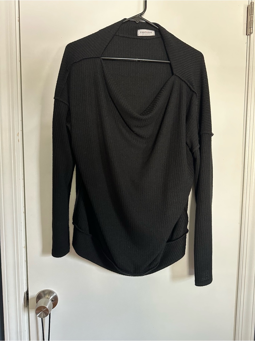 First Love Black Ribbed Cowl-Neck Long Sleeve Top